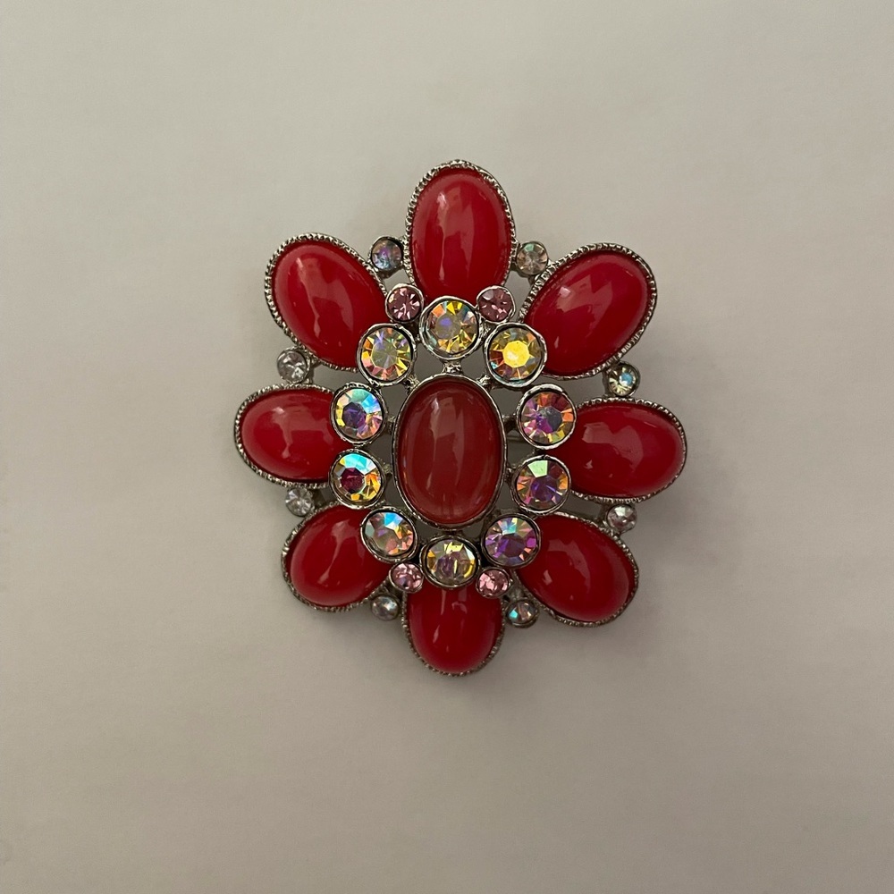 Vintage brooch coral enamel and rhinestone dome shaped on silver tone